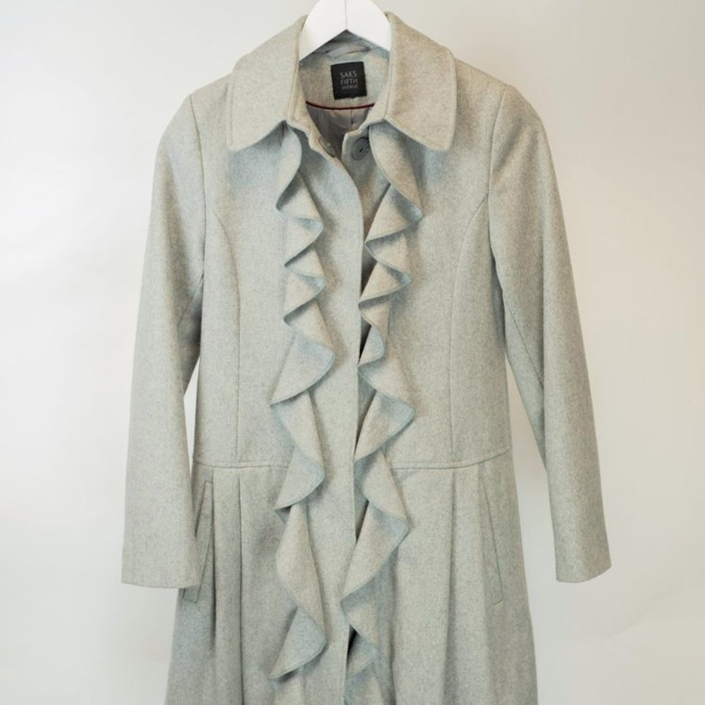 Saks Fifth Avenue Pale Grey Wool-Blend Ruffle Coat